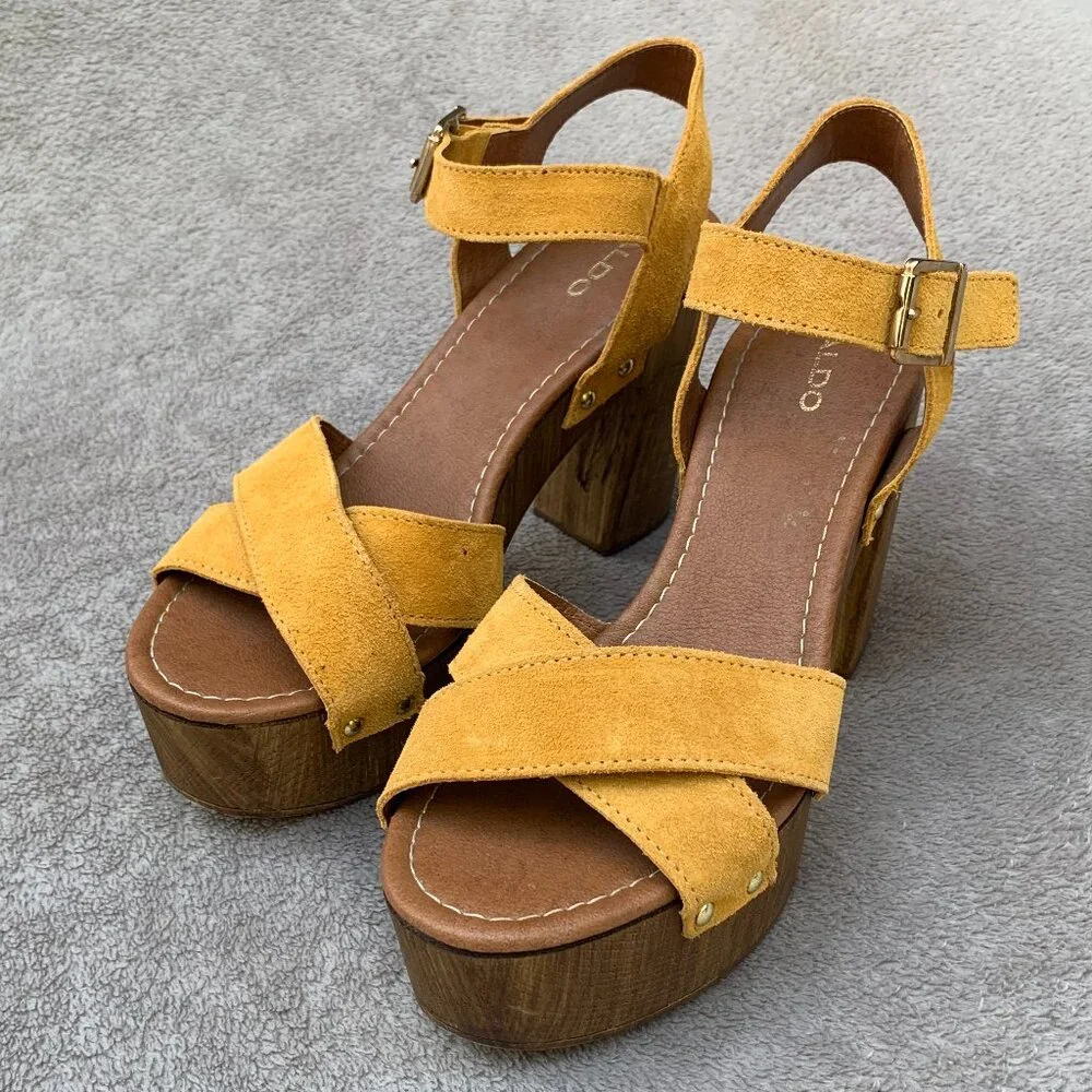 Aldo Deleniel Suede and Wooden Platform Block Heels Sz9 - Picture 4 of 16